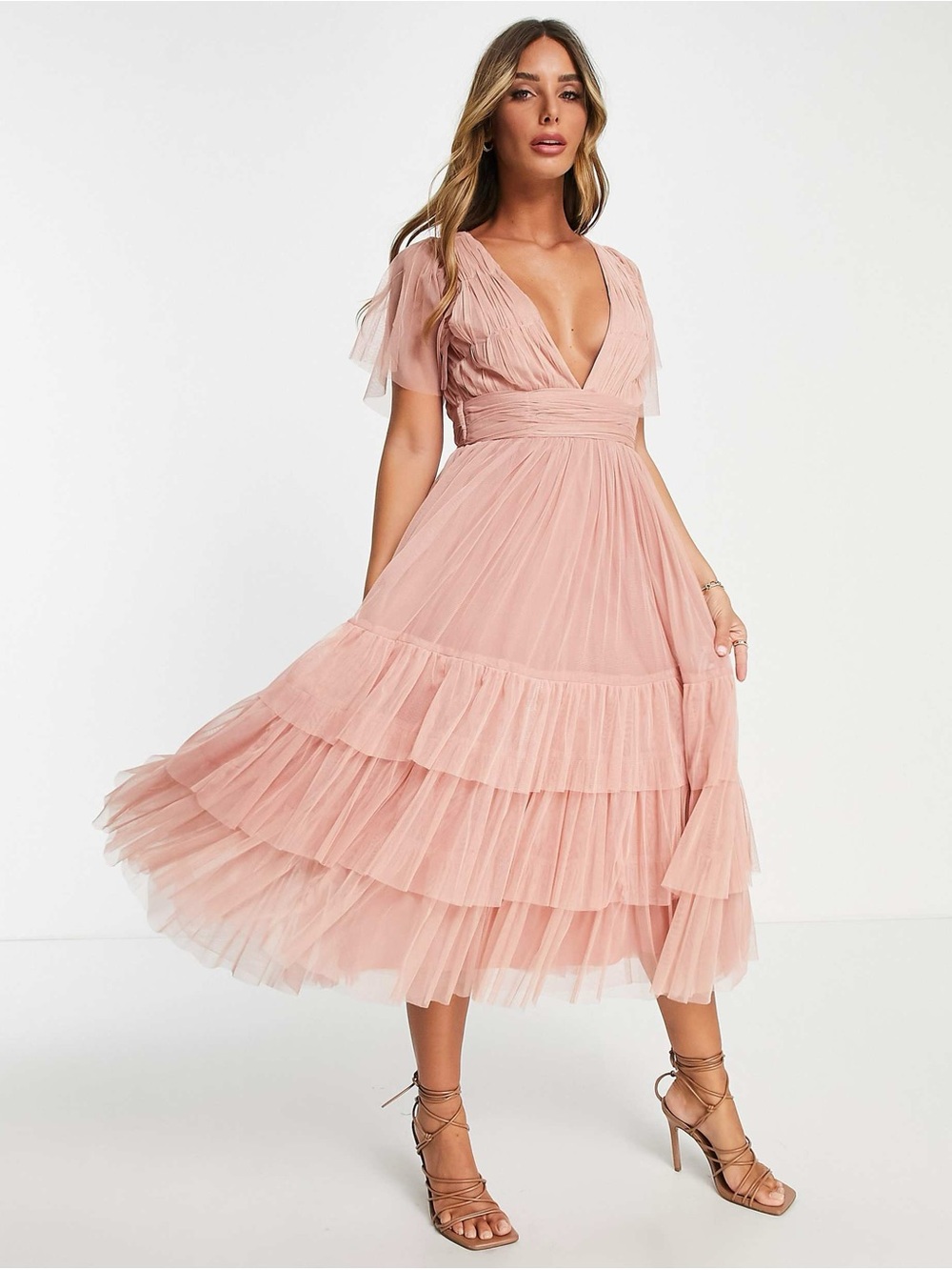 Lace & Beads Madison V Neck Tulle Flutter Sleeve Tiered Midi Dress | Blush | 16